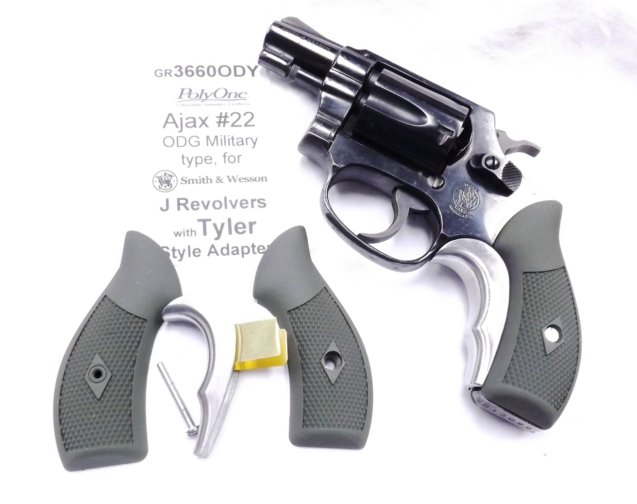 OD Green Ajax type Grips with Tyler T-grip style Adapter S&W J Revolvers 36 60 642 Krylon & Brushed Alloy for Smith & Wesson