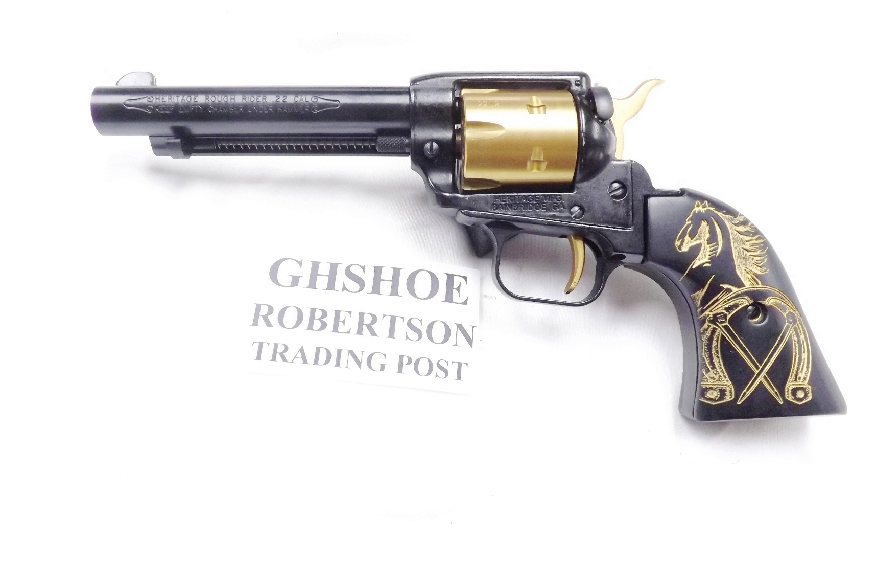 Heritage Mfg. Rough Rider .22 LR Gold Horse Shoe Elvis-y Edition RR22B4SHSHOE 4 3/4 inch Black & Gold, New in Box Single Action Revolver