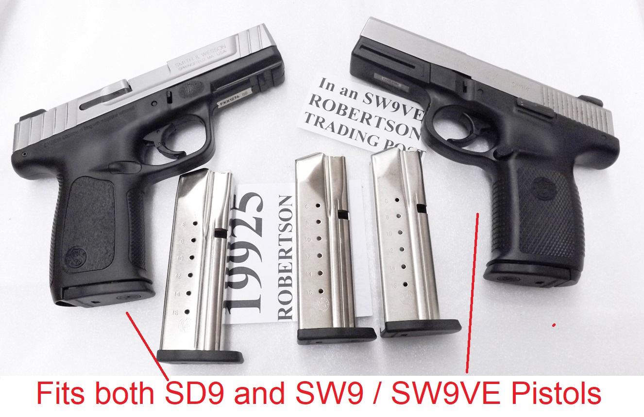 3 Smith & Wesson SD9 Magazines $28 each & Free shipping; work fine in SW9 SW9V SW9F SW9VE New 16 shot Stainless 19925 subs well for discontinued 19357 25095