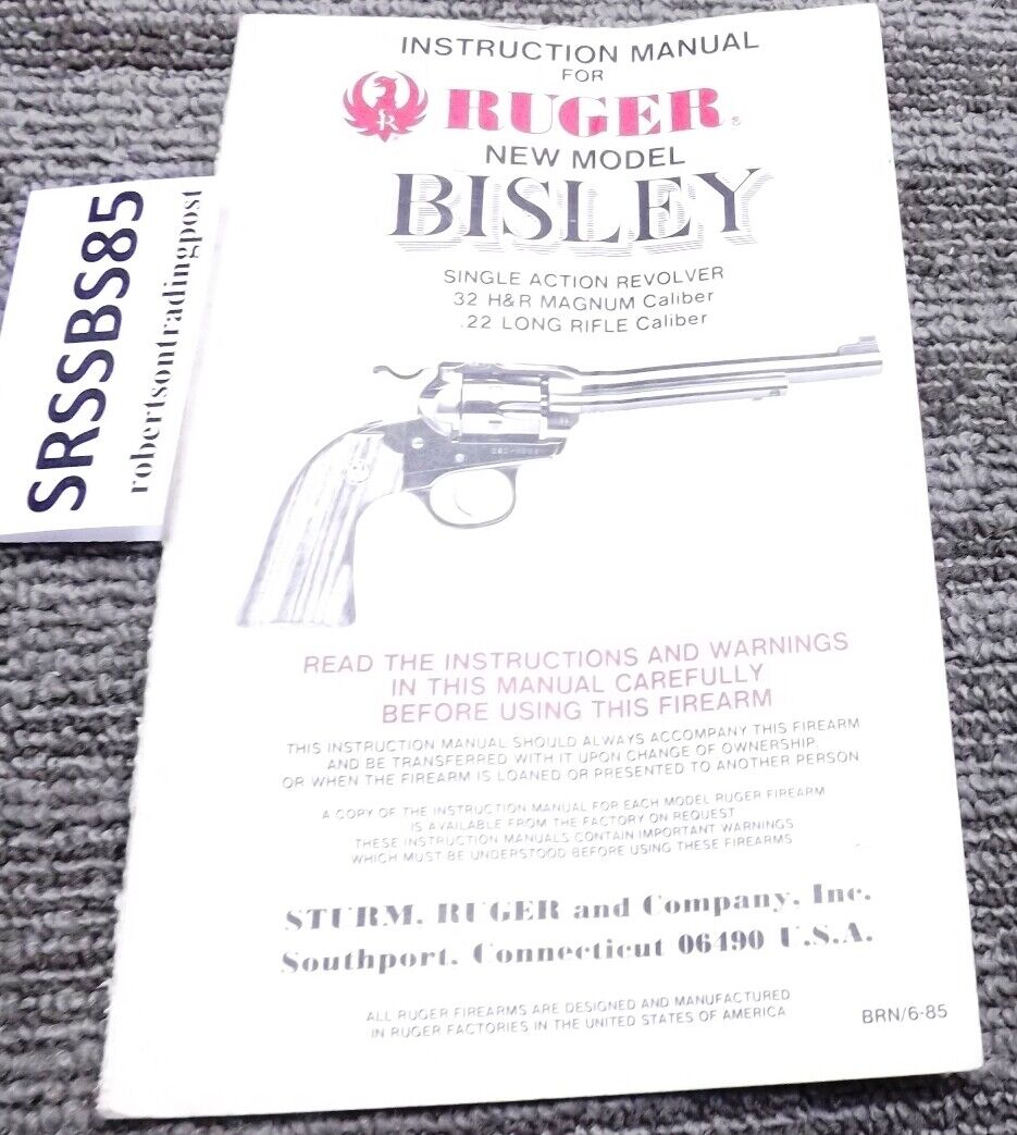 1985 Ruger Factory Instruction Manual for Bisley Single Six 1st Year Production