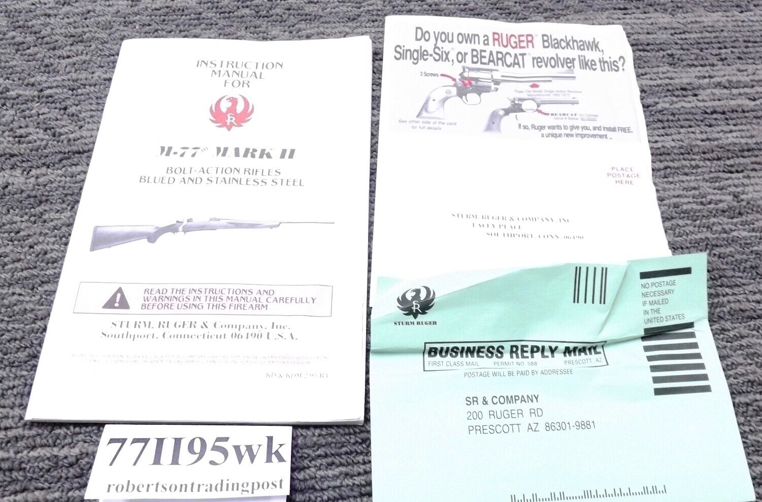 1995 Ruger Instruction Manual, Registration, Old Revolver Card for M77 Mark II