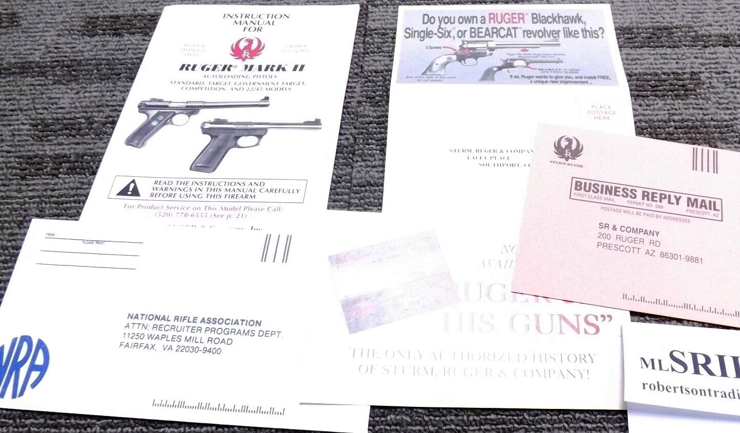 1998 Ruger Mark II Pistol Instruction Manual, Regis., NRA, SA, Book 5 Docs