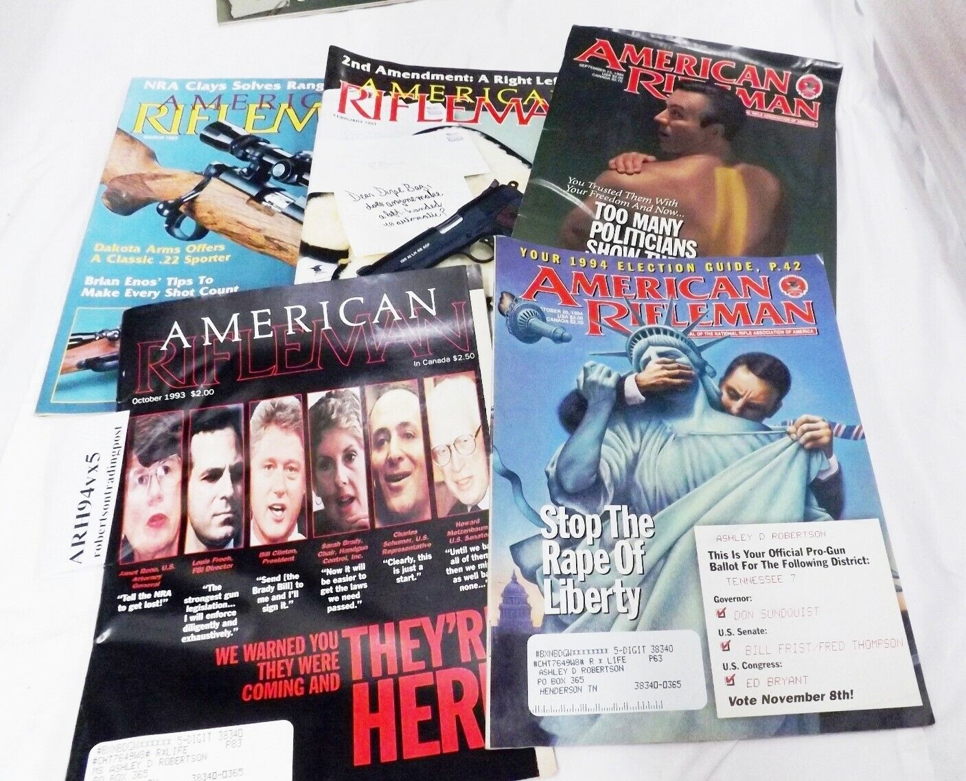 5 Different Issues American Rifleman & Hunter Magazine 1994 VG Free Ship