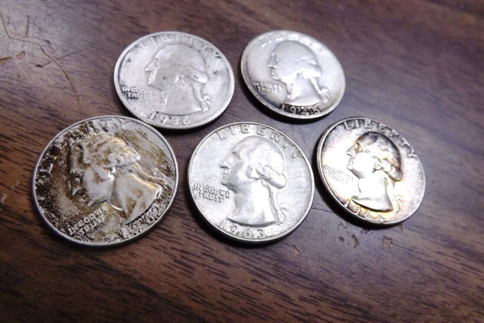 5 Washington 90% Silver Quarters 1936P 1945D 1962D 1963D 1964P VG-XF