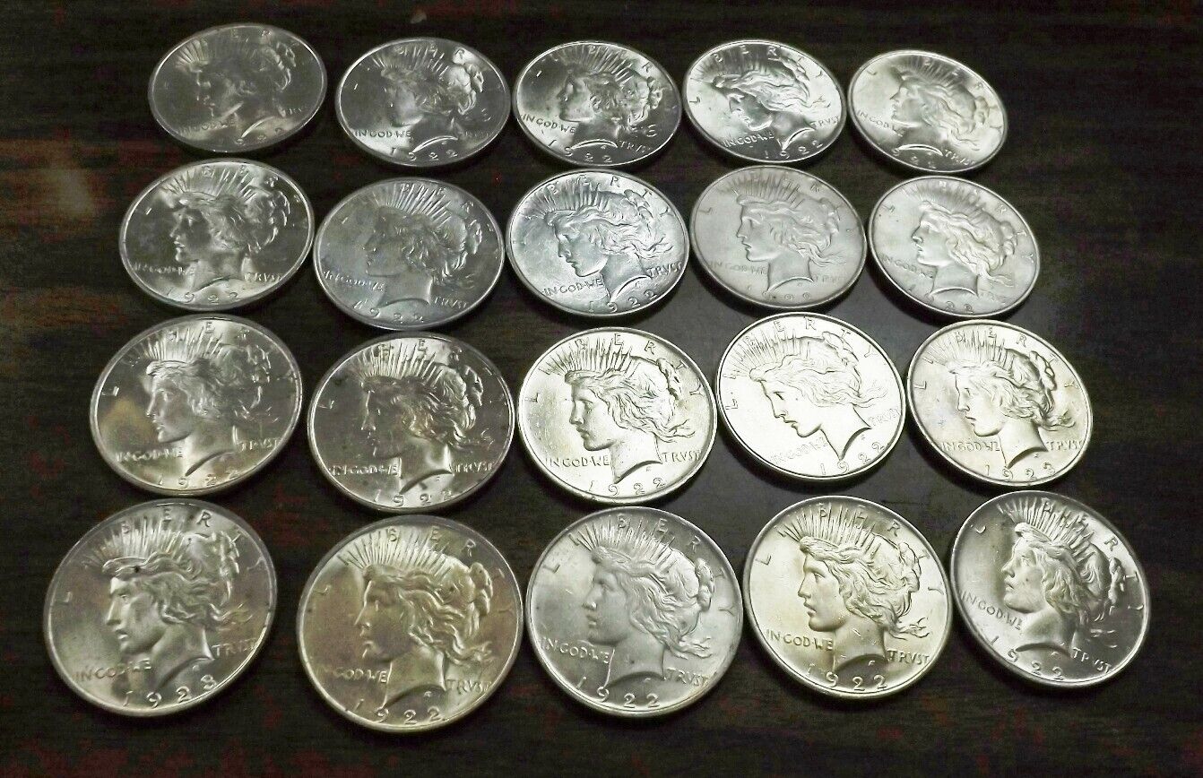 AU BU Roll of 20 Silver Peace Dollars 1922 1 S 3 D 16 P Free Ship 533.88 grams