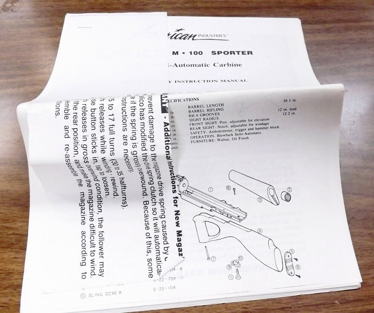 Calico M100 Bakersfield Factory Xeroxed Supplementary Instruction Manual