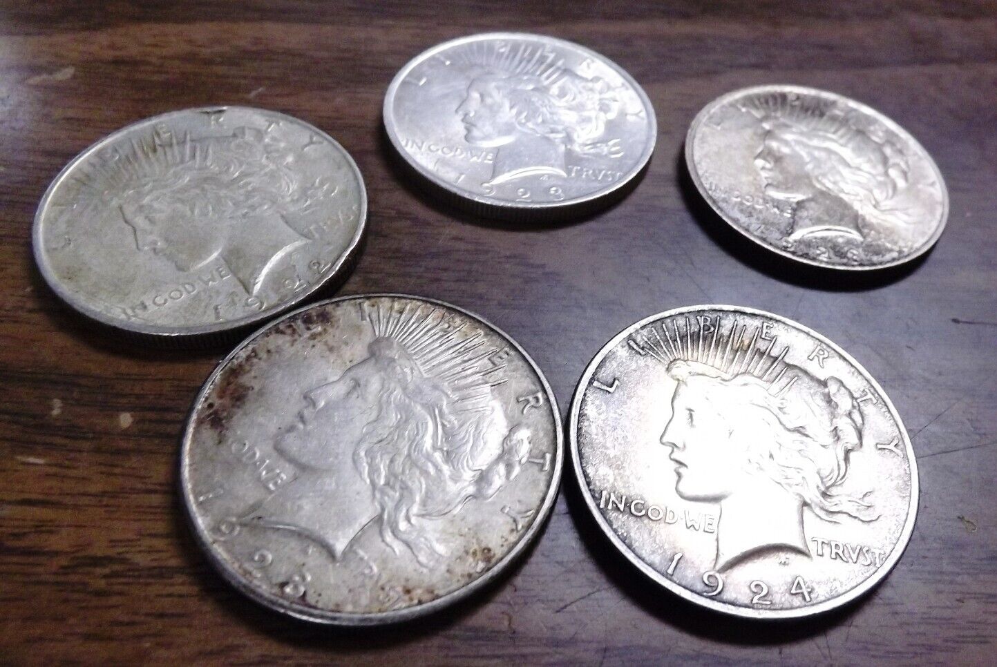 Collection of 5 US Silver Peace Dollars 1922-1924 Est XF Condition Free Ship