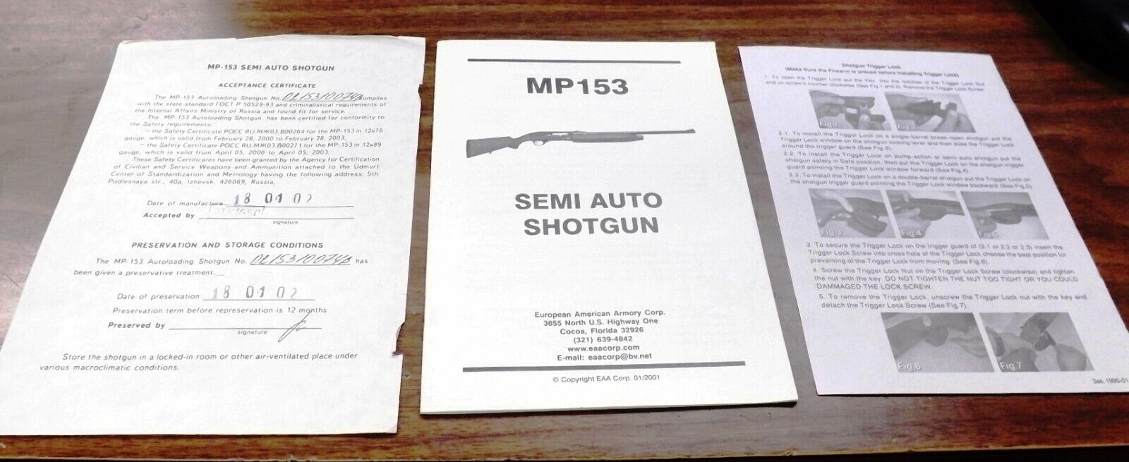 EAA Russian MP153 Shotgun Instruction Manual, Certificate, Lock Sheet 2001