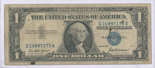 US $1.00 Note 1957 Silver Certificate Est VG Cond with Motto Blue Serial & Seal