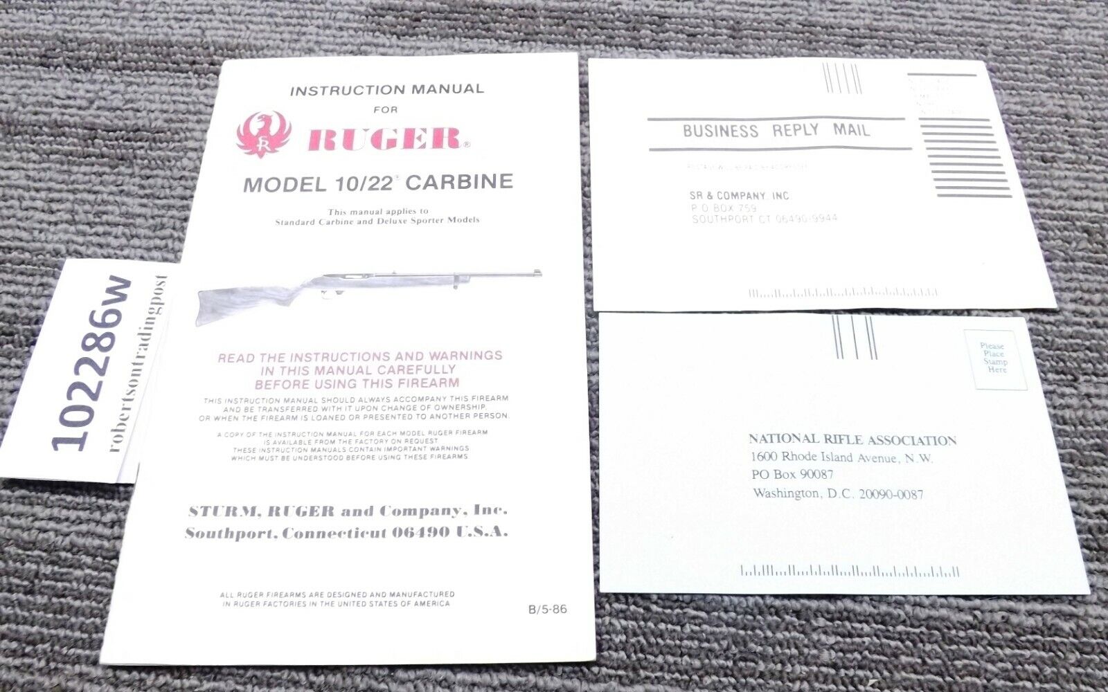 1986 Ruger Instruction Manual, Registration, NRA for 10/22 Carbine 1022 Auto VG