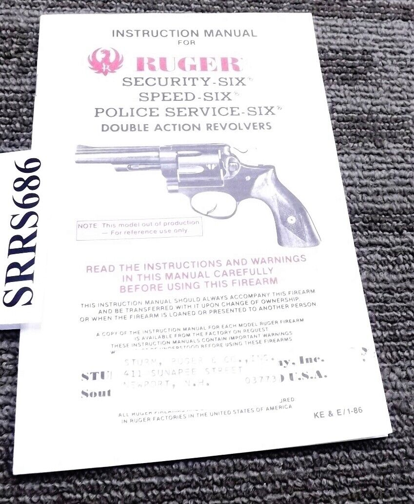 1986 Ruger Instruction Manual for Security Speed Service 6 Revolvers Exc 15 Page