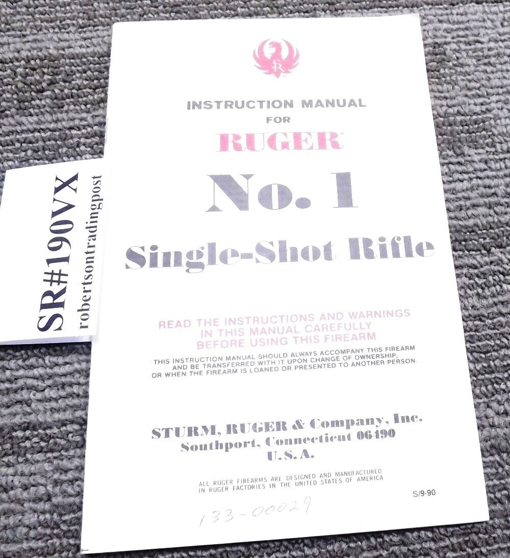 1990 Ruger Factory Instruction Manual for No. 1 Single Shot Rifle w Safety Book