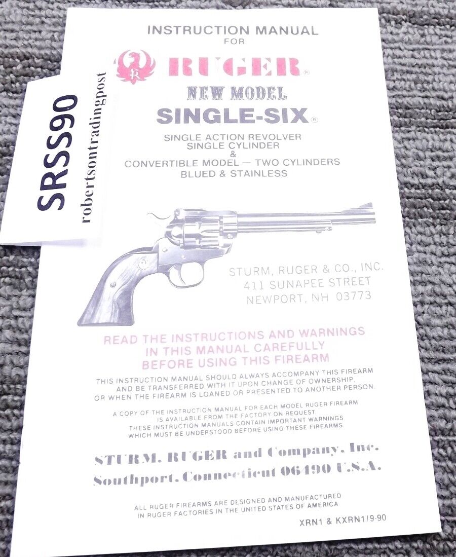 1990 Ruger Instruction Manual for New Model Single Six, & Convertible Excellent