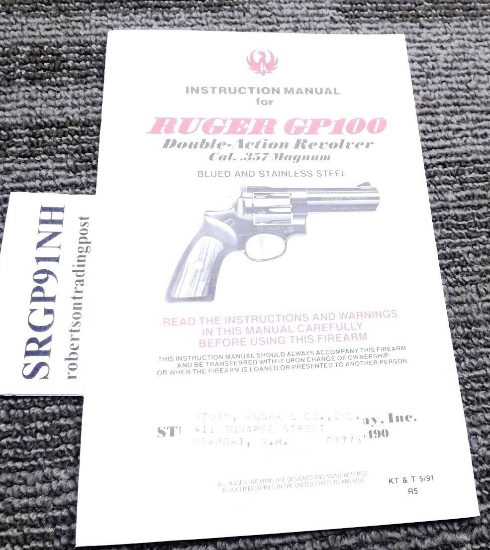 1991 Ruger Factory Instruction Manual for GP100 Revolvers Aged Exc 6th Year