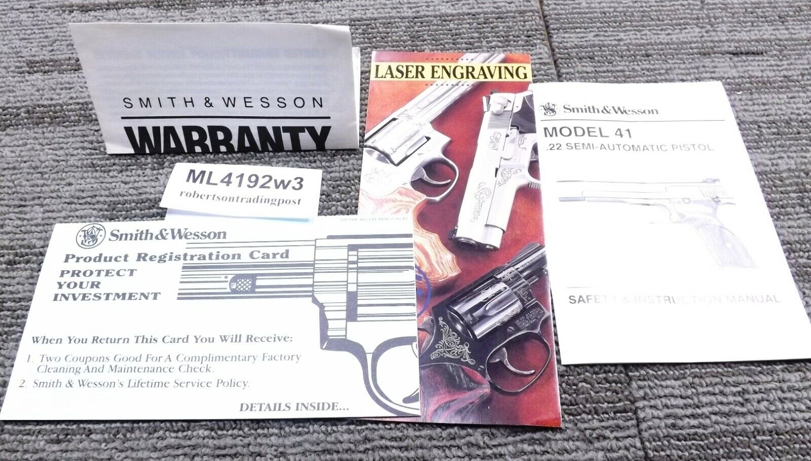 1992 Smith & Wesson 41 Instruction Manual, Registration, Wty, Laser Eng S&W