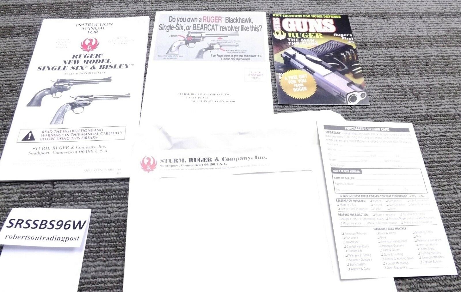 1996 Ruger Instruction Manual Package for Single Six, Bisley 5 Documents Unissue