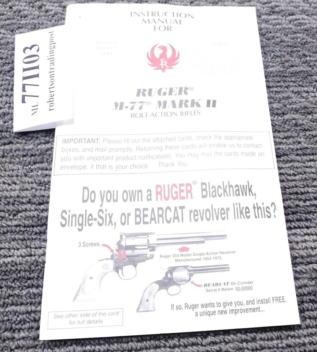 2003 Ruger Instruction Manual for M77 Mark II Bolt Action Registration