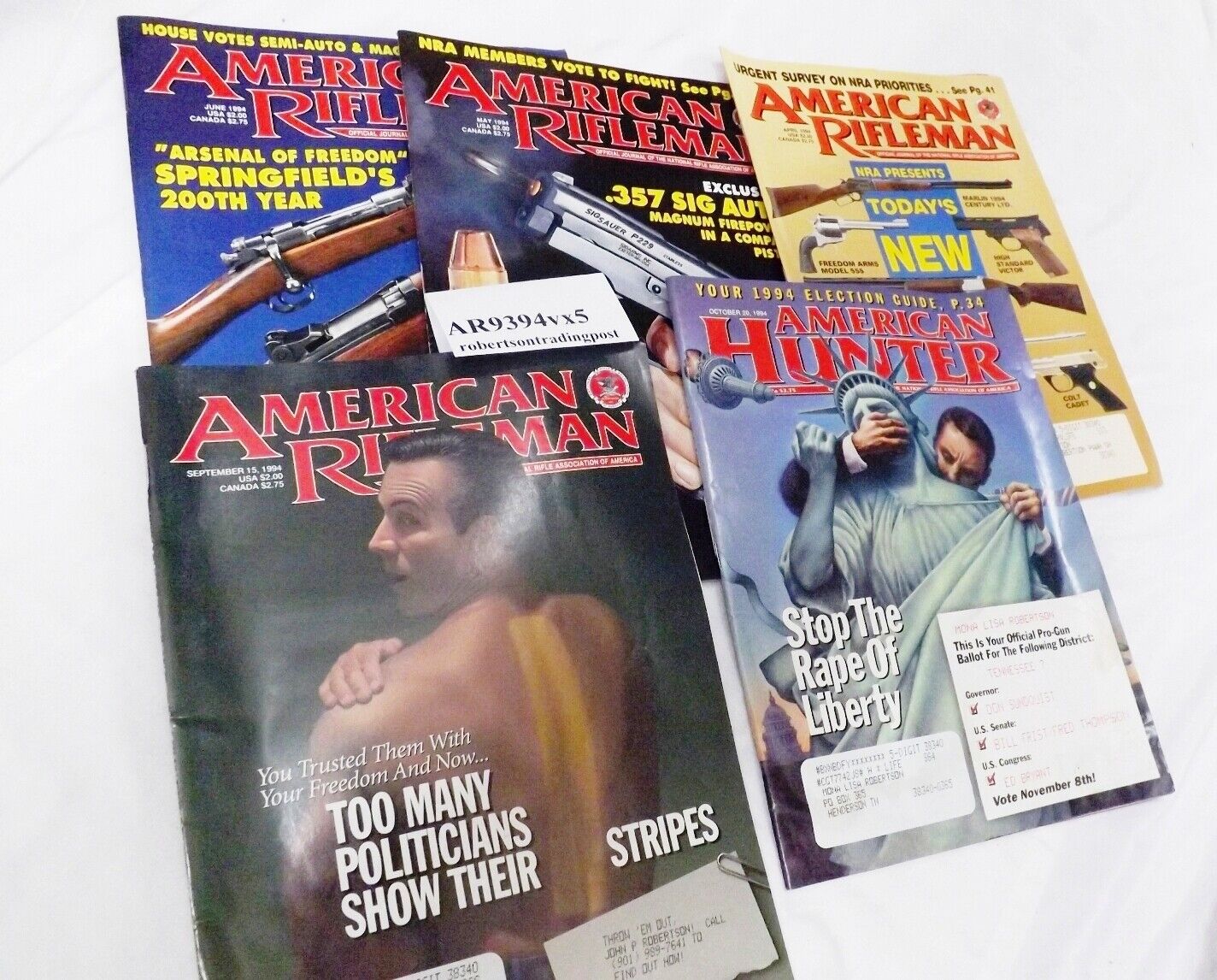 5 Different Issues American Rifleman Magazine 1993, 94 Janet Southpaw 1911 VG