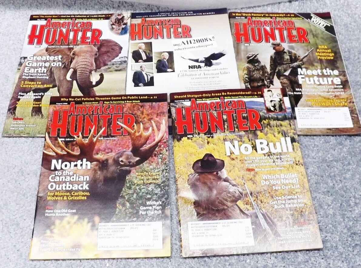 5 Issues 2008 American Hunter Magazine Elk, NRA, Elephant, Elk, Moose $3.20 ea