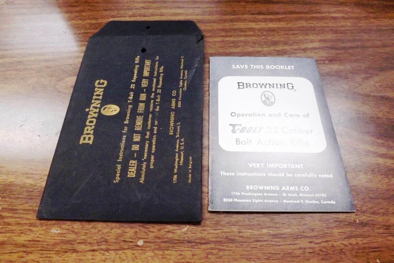 Browning Belgian Factory Manual 1st Gen T-Bolt Rifles 1965-74 w Black Envelope