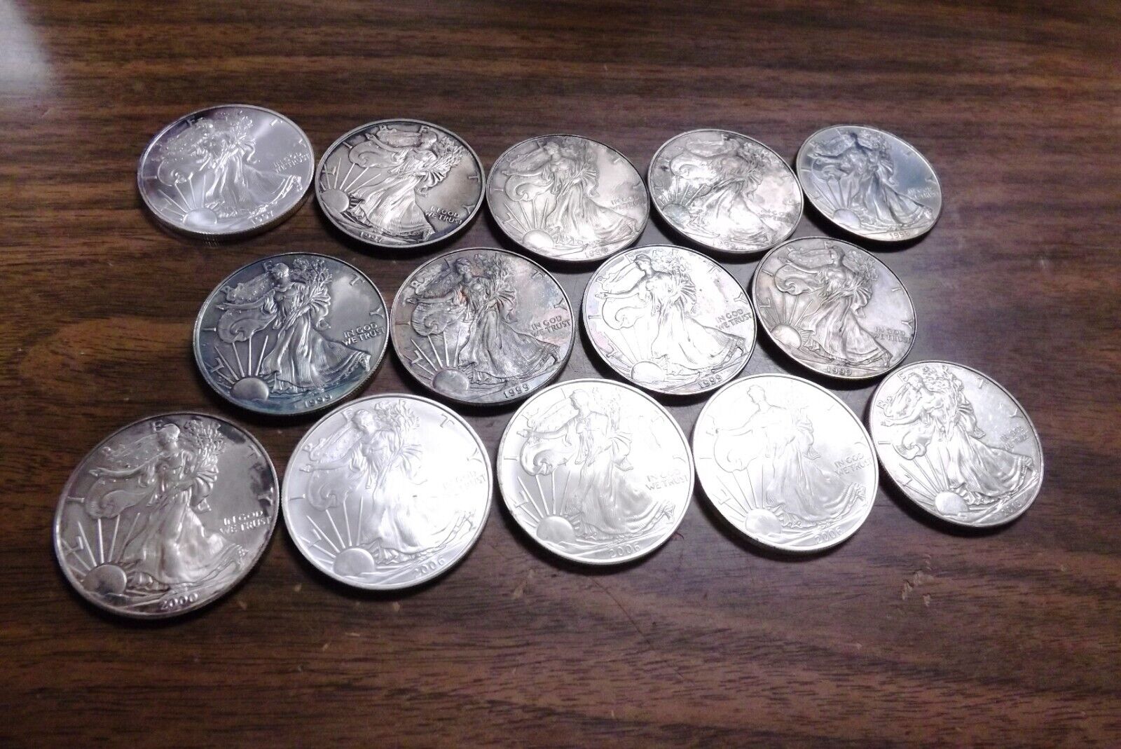 Collection of 14 US Silver Eagles 1997-2013 1 oz .999 BU Toned Free Ship