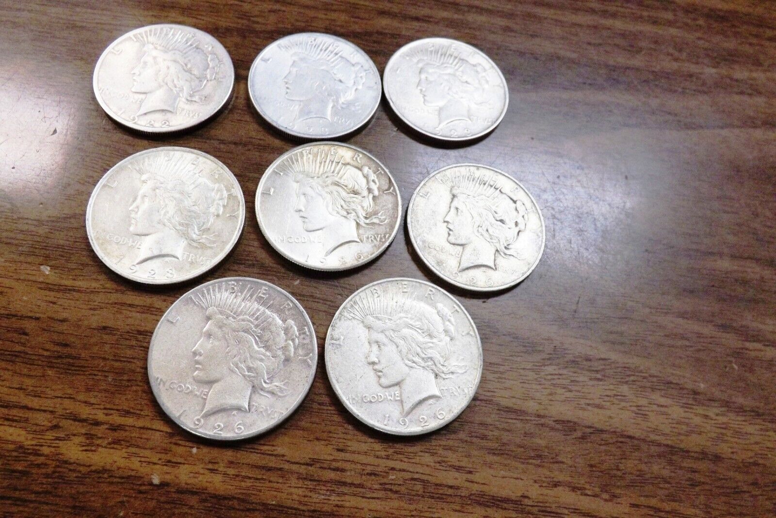 Collection of 8 Peace Silver Dollars 1922 - 1926 Fine to AU Cond $33 each Free S