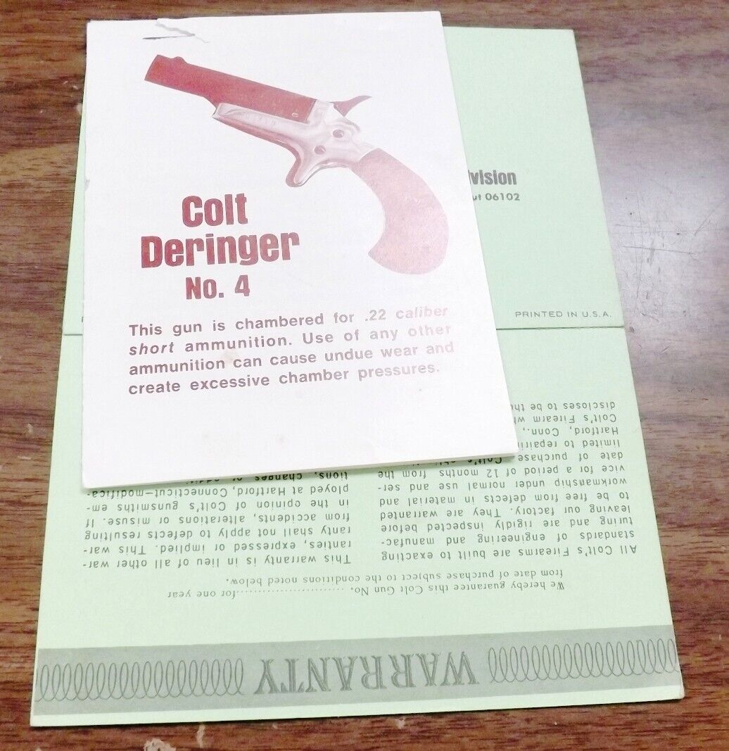 Colt Deringer Manual & Warranty Card 1970 VG-Exc Stapled Huyshope Ave.