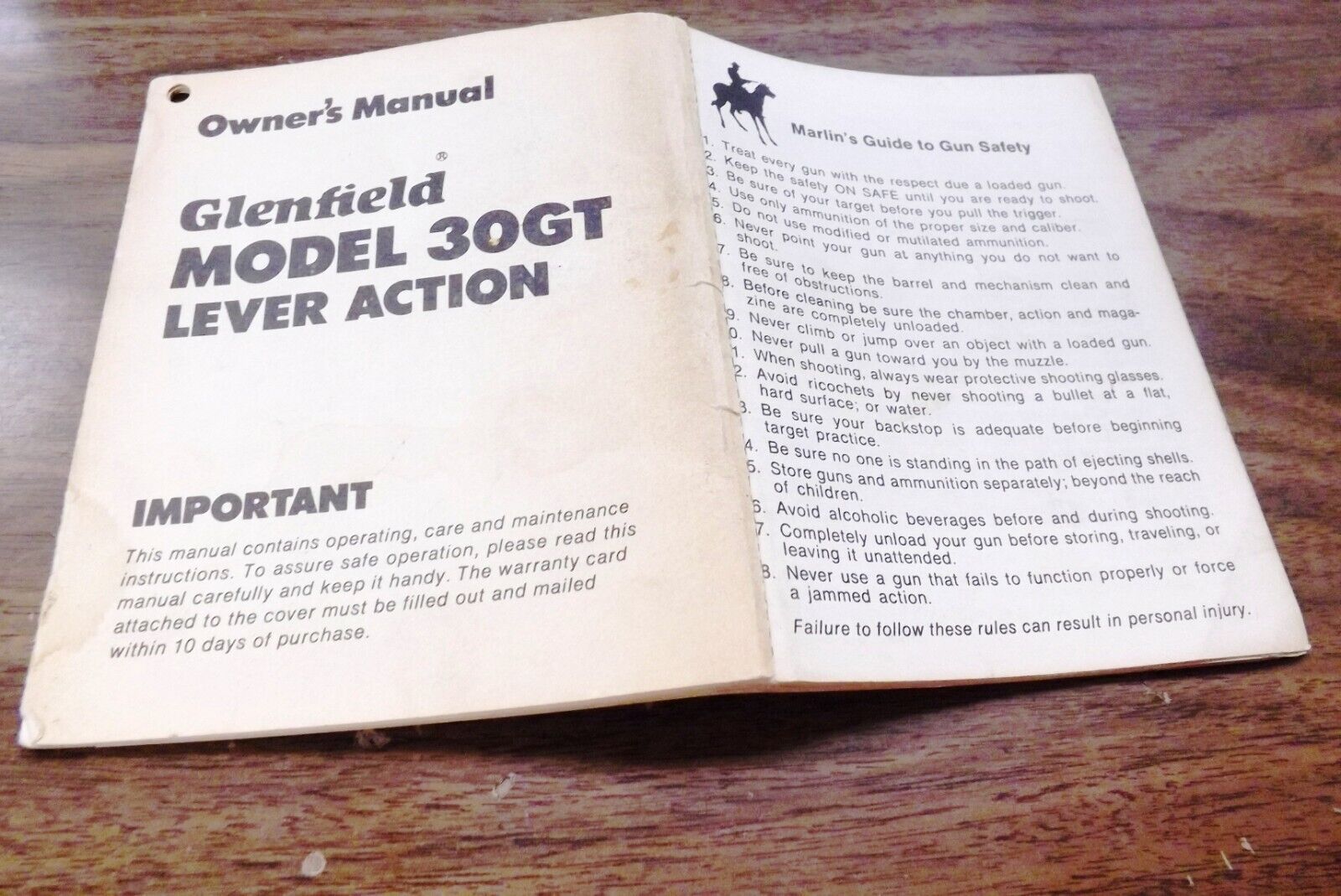 Marlin Owners Manual Glenfield 30GT Texan Lever Action .30-30 VG 1978