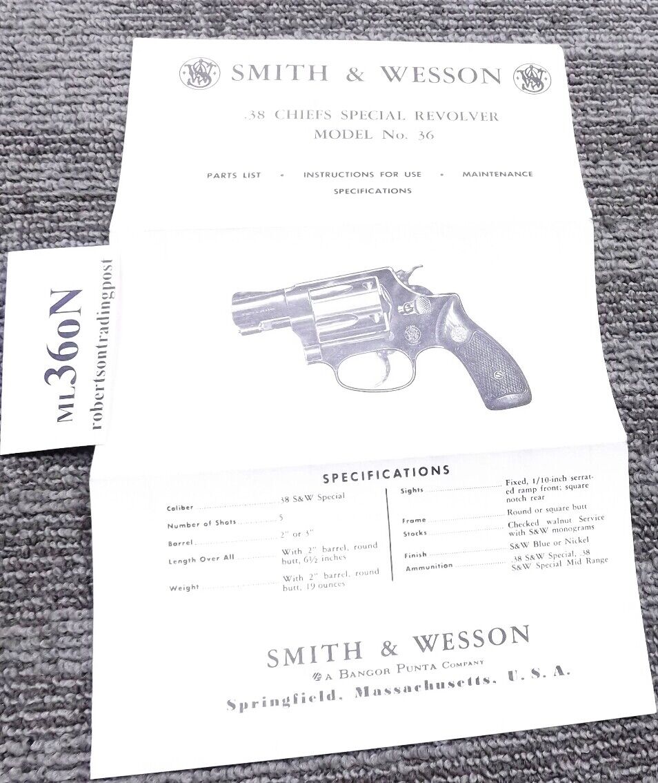 Smith & Wesson Model 36 Instructions for Use Owners Manual Bangor Punta S&W