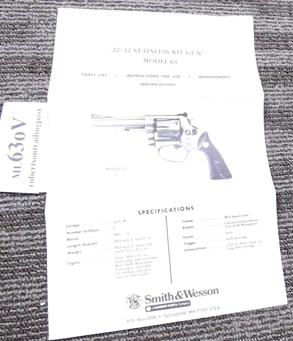 Smith & Wesson Model 63 Instructions for Use Owners Manual Bangor Punta S&W