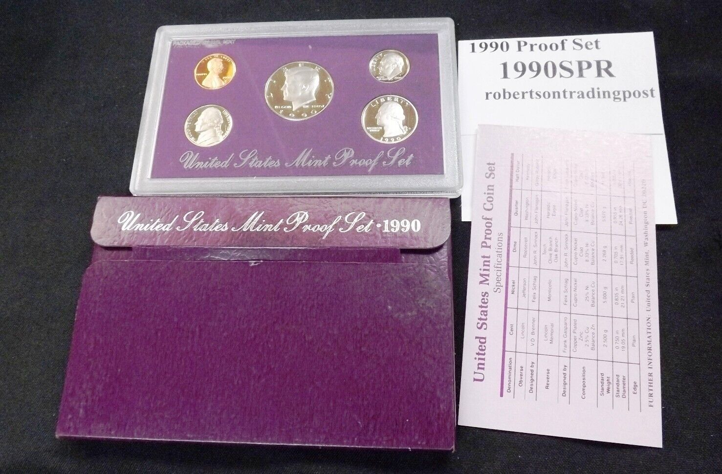 US 1990-S Proof Set 1c, 5c, 10c, 25c, 1/2 Dol Purple Mint Case with COA Uncircul