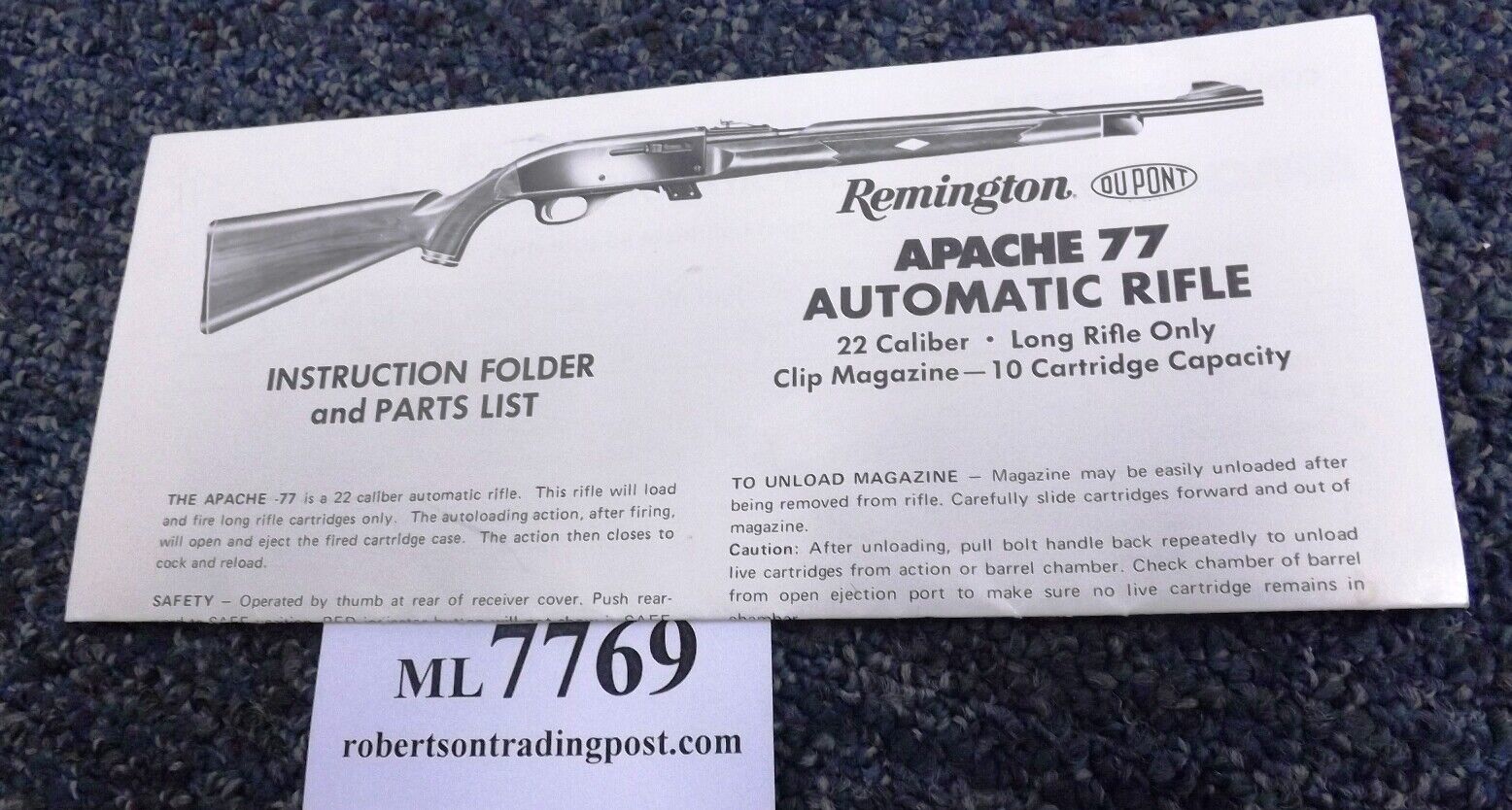 1969 Remington Factory Owner’s Manual for Nylon 77 Rifle Unissued Excellent