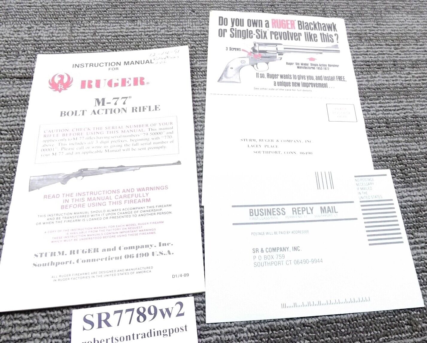 1989 Ruger Manual Registration Conversion Card for M77 Bolt Action Rifles