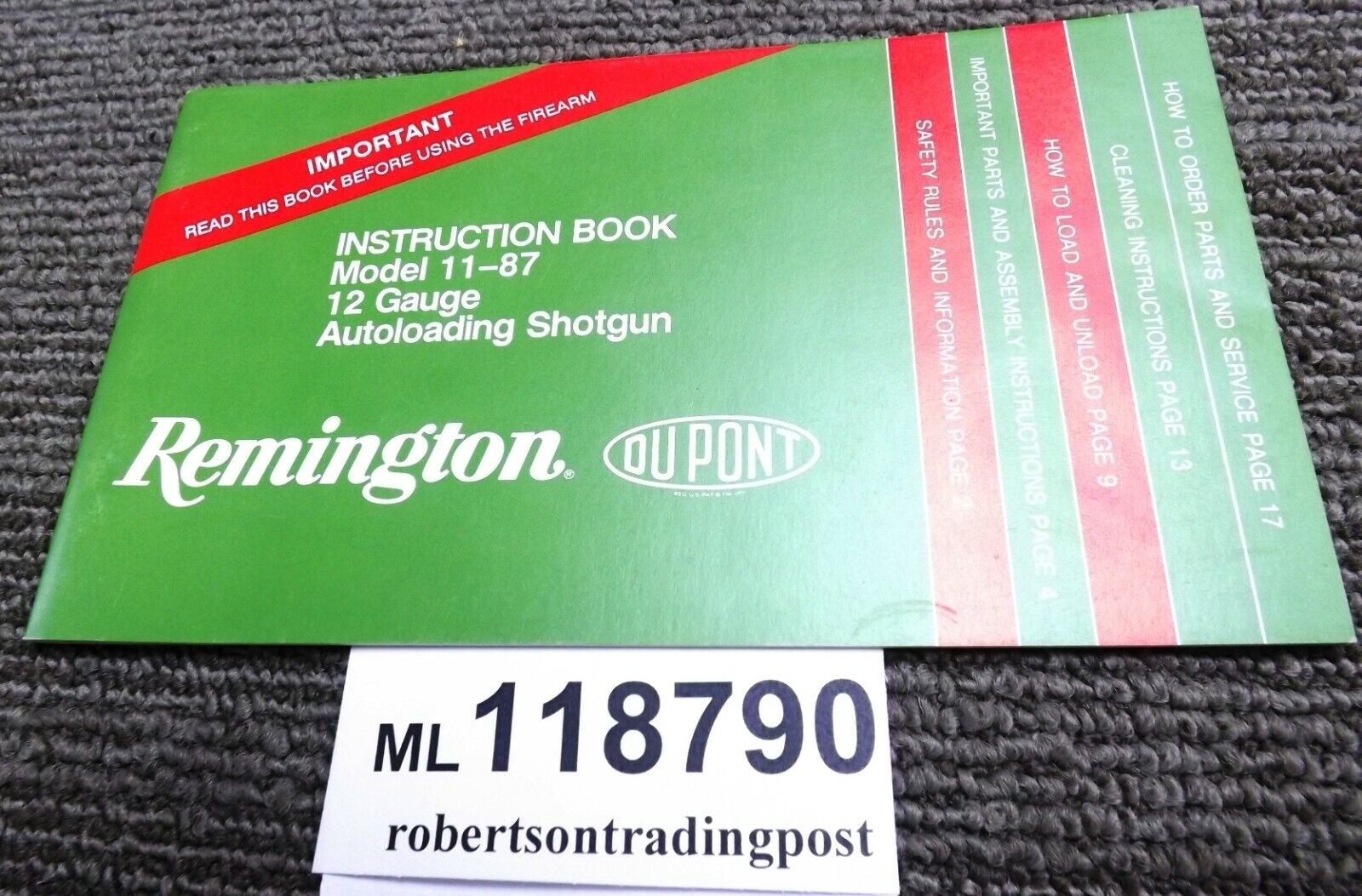 1990 Remington Instruction Book Owners Manual for 1187 Shotgun VG 22 Pages