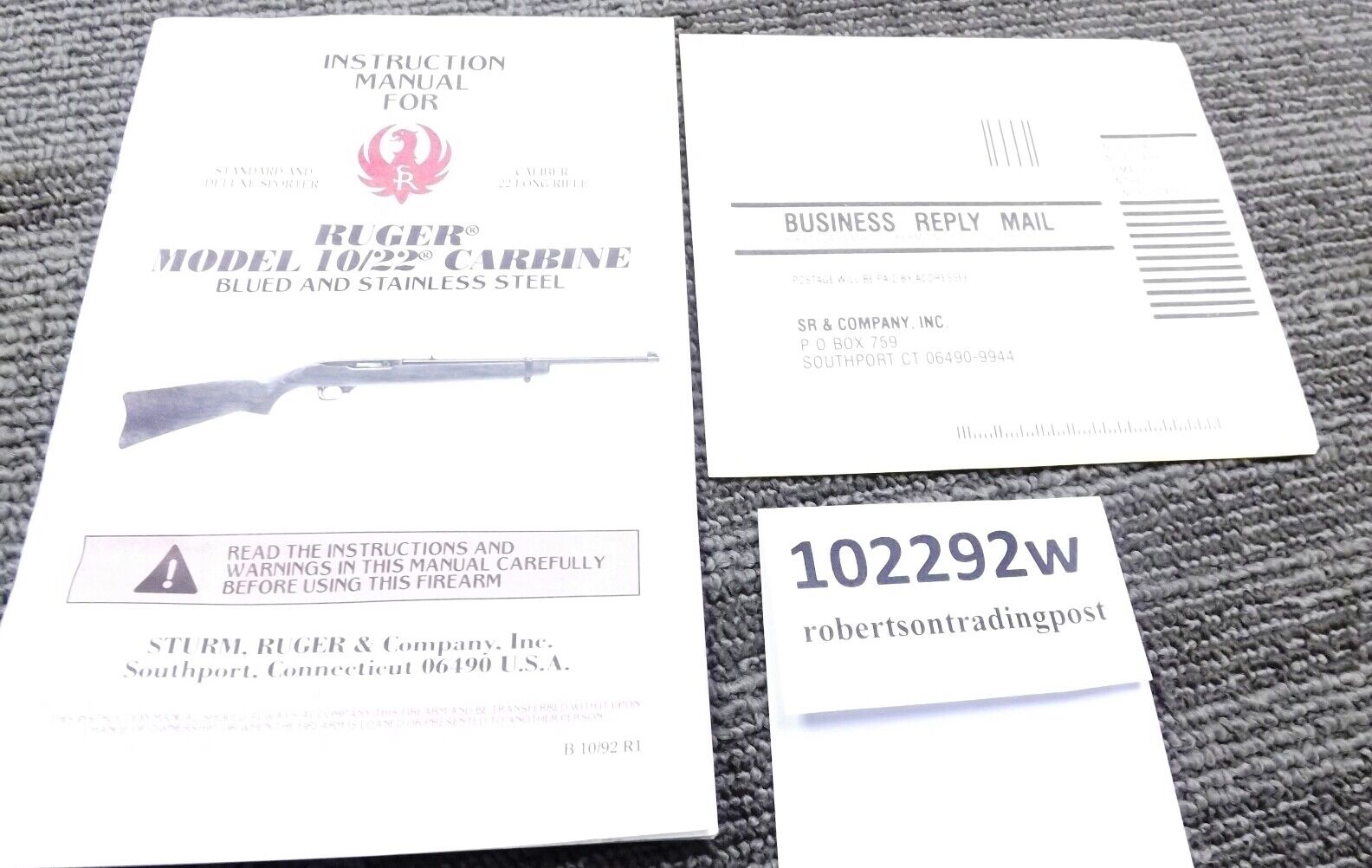 1992 Ruger Instruction Manual, Registration, NRA for 10/22 Carbine 1022 Auto Exc