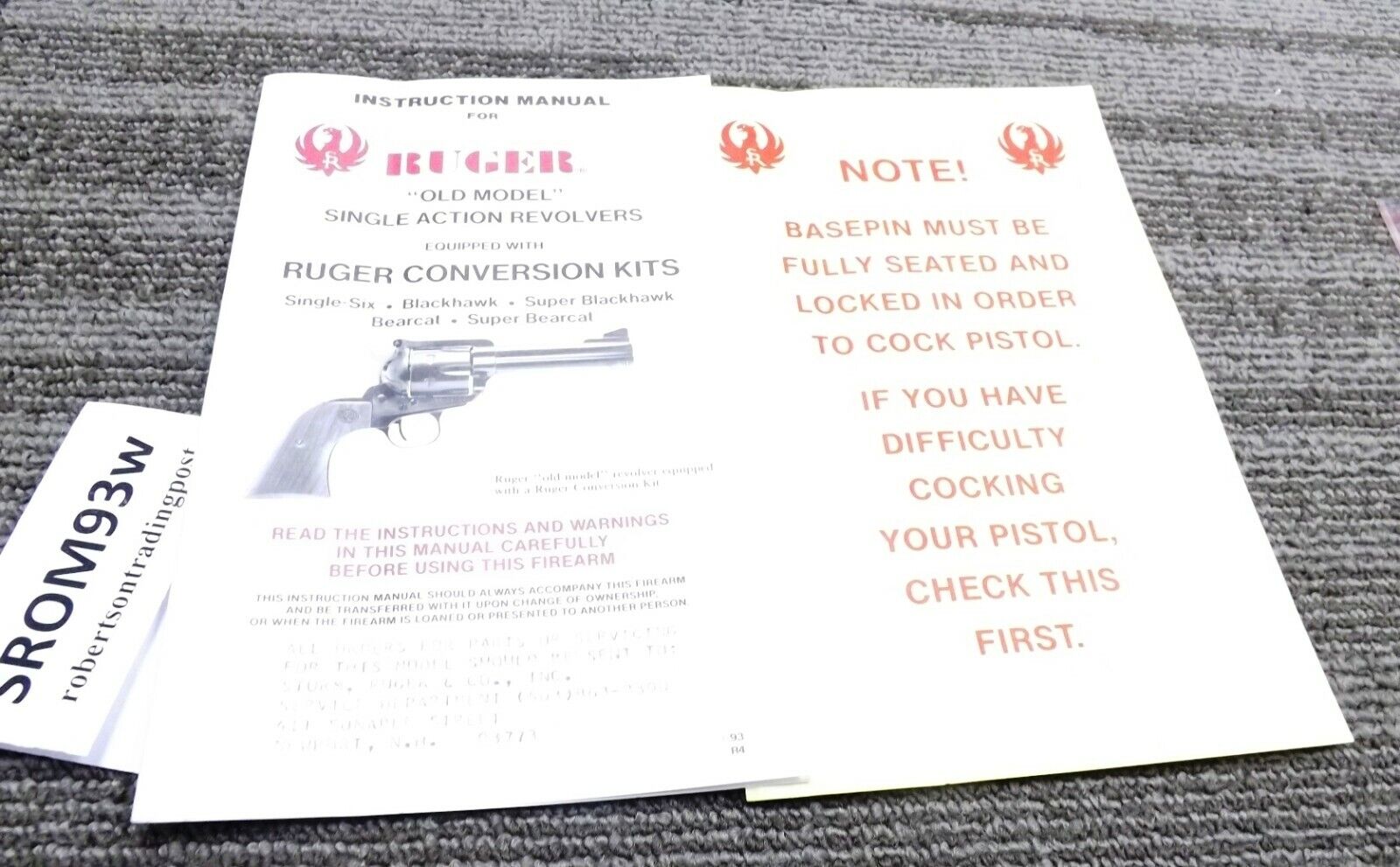 1993 Ruger Instruction Manual Old Model Blackhawk, Single Six, Super Conversion