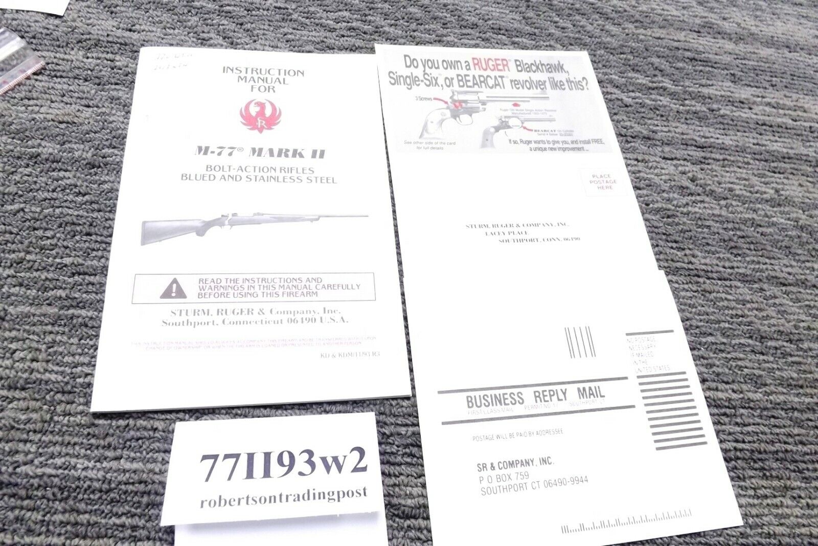 1993 Ruger Instruction Manual, Registration, Old Revolver Card for M77 Mark II