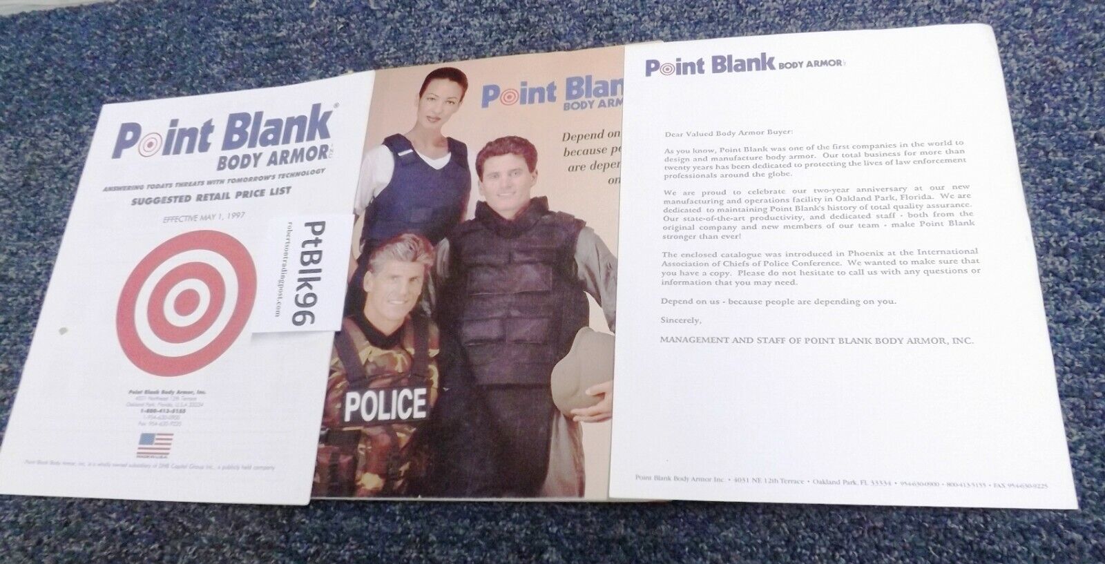 1996 Point Blank Body Armor 36 Page Color Catalog Factory Letter & Price List