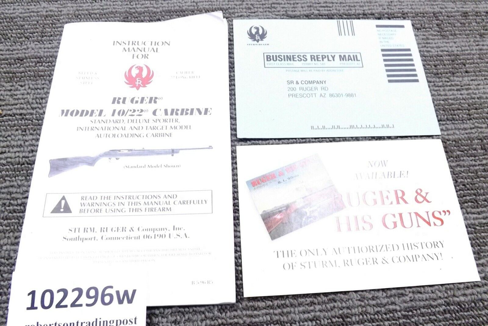 1996 Ruger Instruction Manual, Registration Card for 10/22 Carbine 1022 Auto Exc