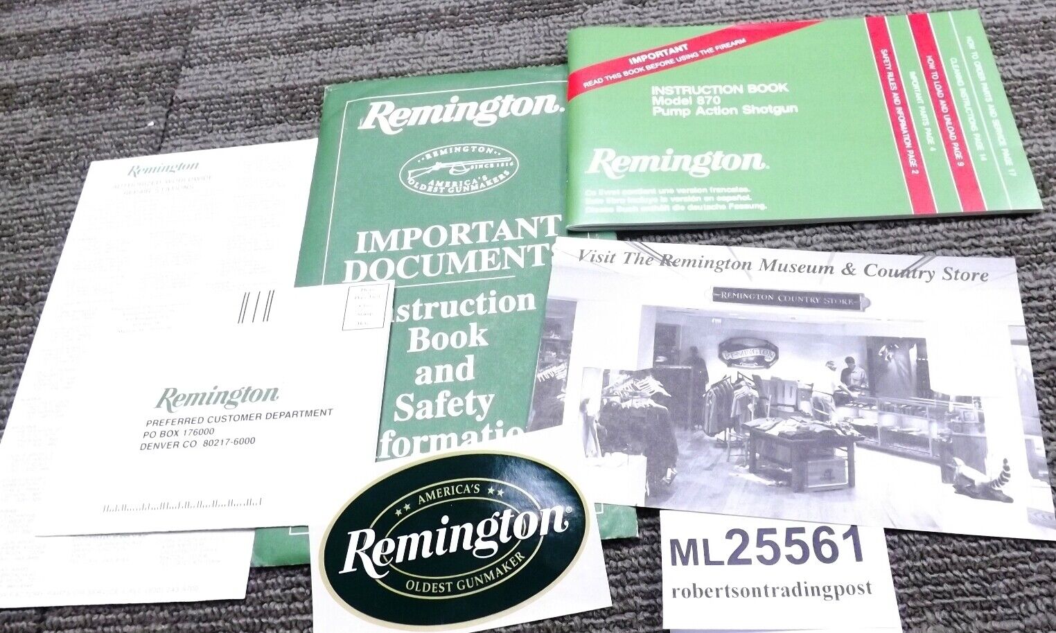 1997 Remington Manual, Repair Sta., Museum, Regist., Decal, Env. for 870 6 Docs