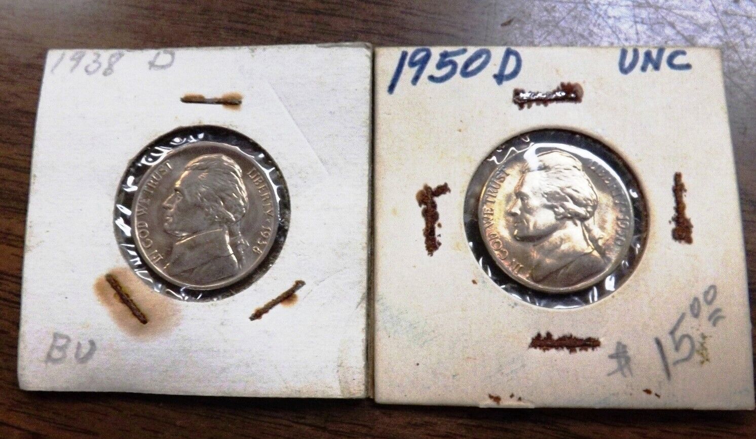 2 BU Jefferson Nickel Keys 1938-D and 1950D in 1960s 2x2s