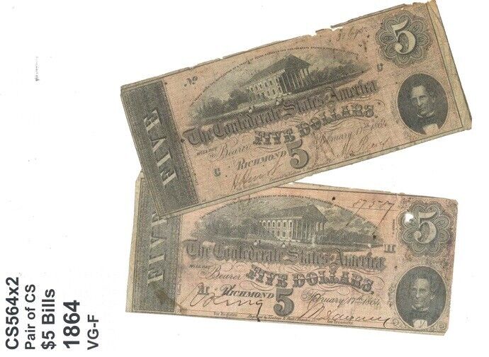 2 CSA Confederate $5 Notes Feb 17 1864 T69 CC97EH Free Shipping