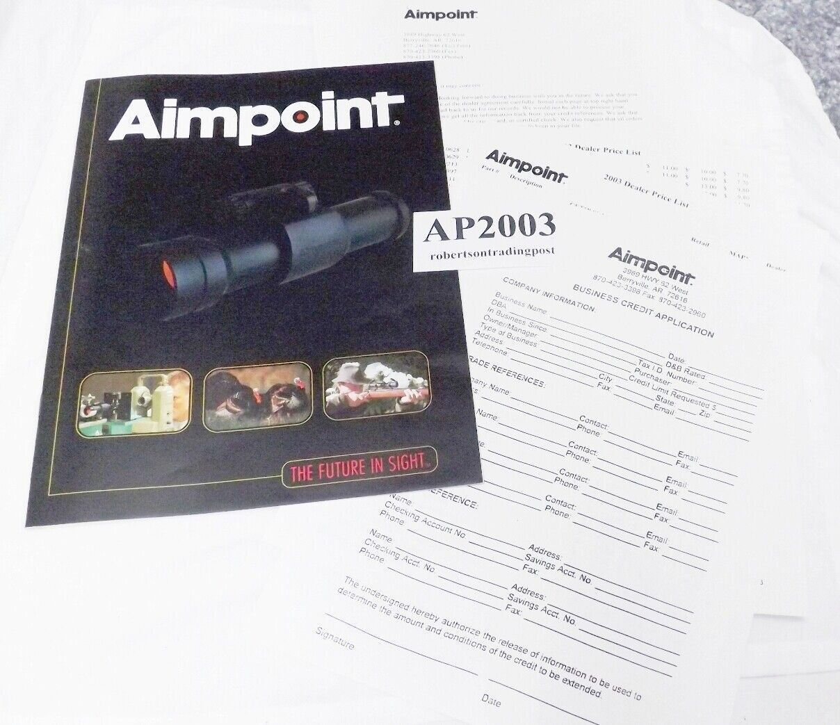 Aimpoint USA 2003 Catalog, Dealer Price List, Retail Contract, Rep Letter Exc.