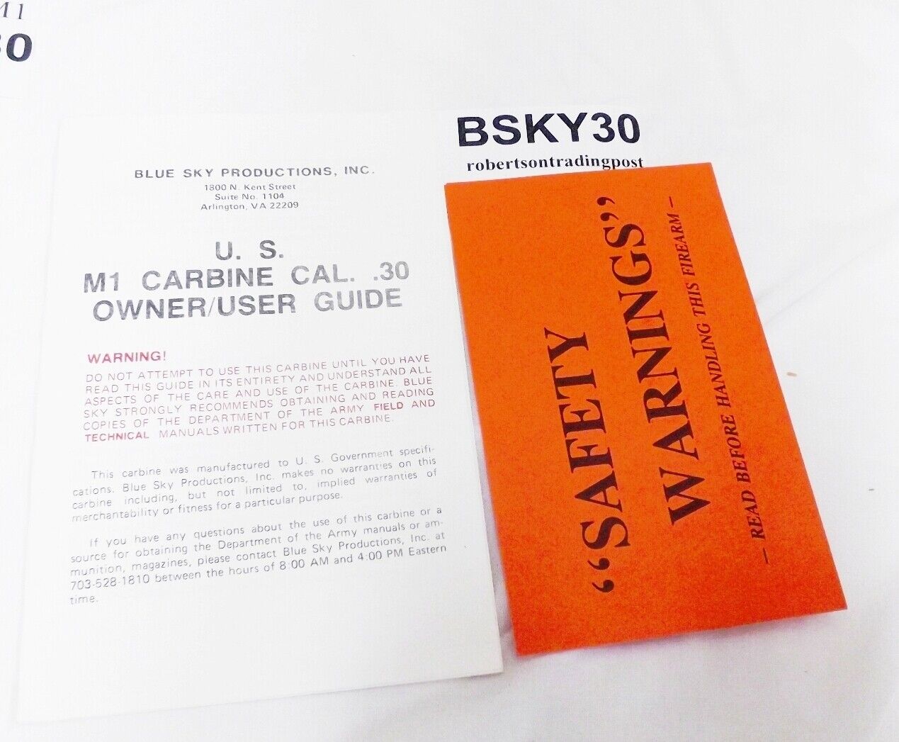 Blue Sky US .30 Carbine Korean Surplus 1989 Manual & Safety Warnings Card