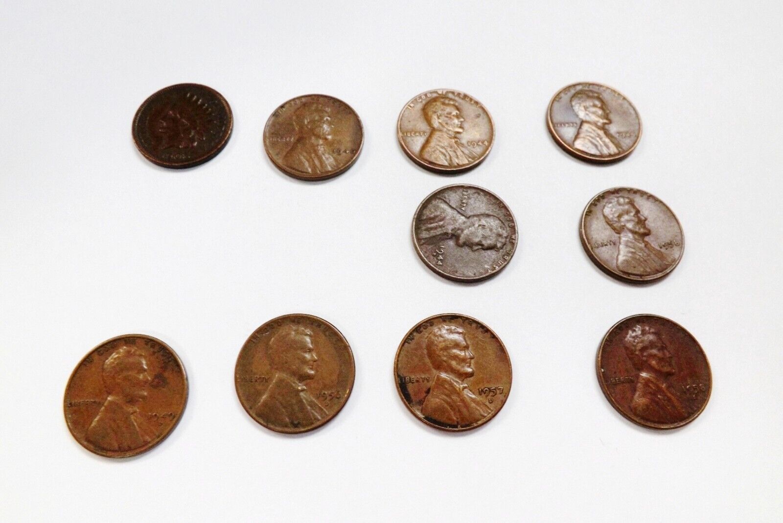 Collection of 10 Pennies 1908 Indian Head + 9 VG-VF Wheats 1940-1958