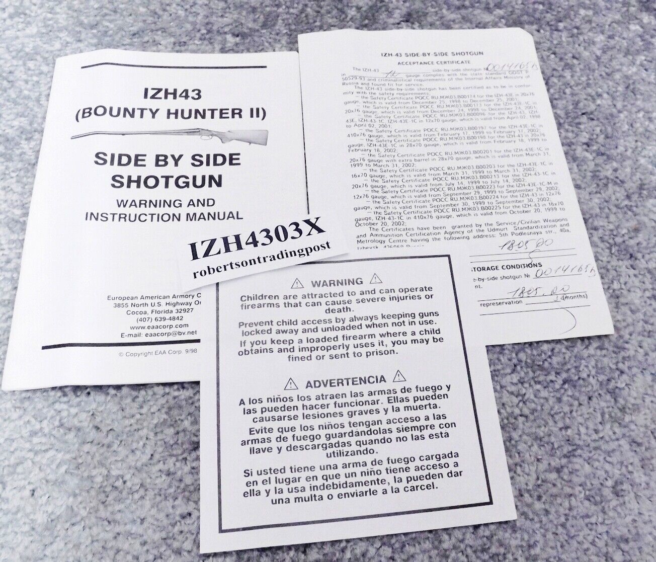 EAA Russian IZH43 Bounty Hunter II Shotgun Instruction Manual & Certificate