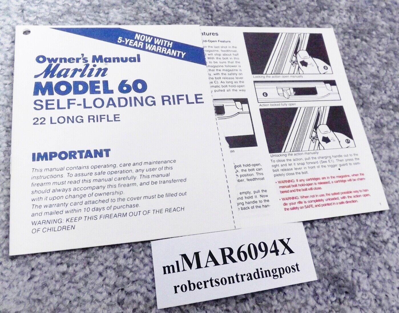 Factory Owner’s Instruction Manual for Marlin 60 Semi Auto .22 Tube Rifle 1994