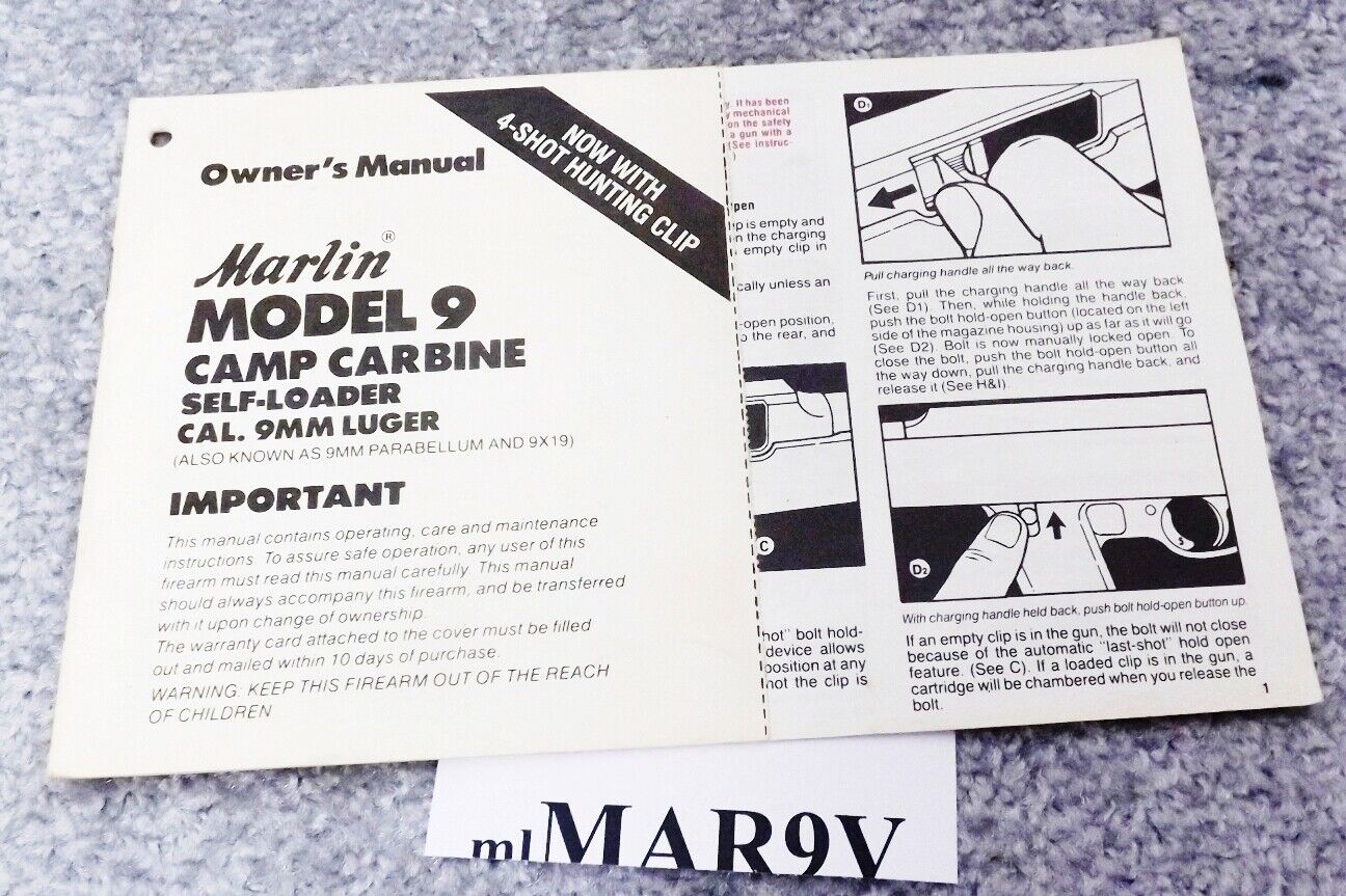 Factory Owner’s Instruction Manual for Marlin Model 9 Camp Carbine VG 1989