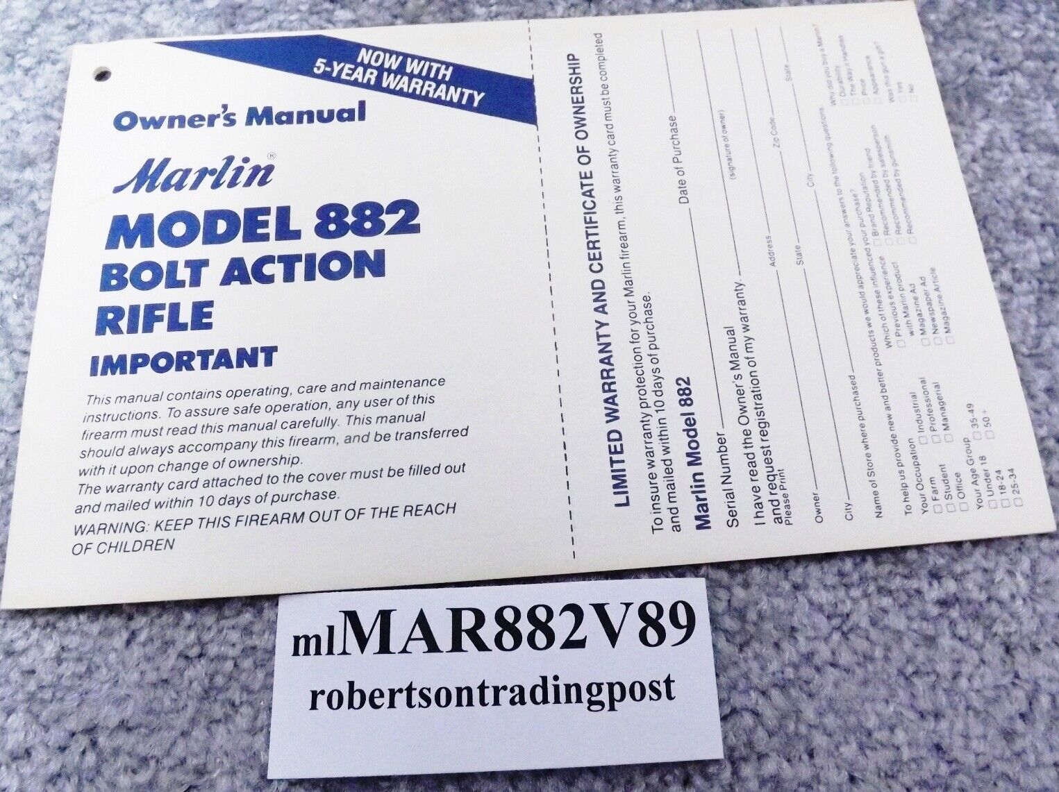 Marlin Owners Instruction Manual for 882 Bolt Action .22 Magnum 1989 VG-Exc