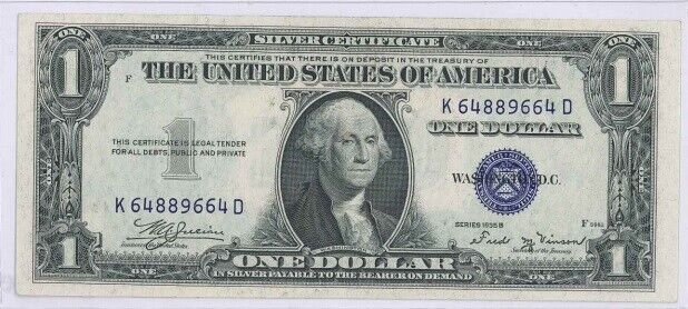 US $1.00 Note 1935-B Silver Certificate Est XF-AU Cond No Motto $5 Ship